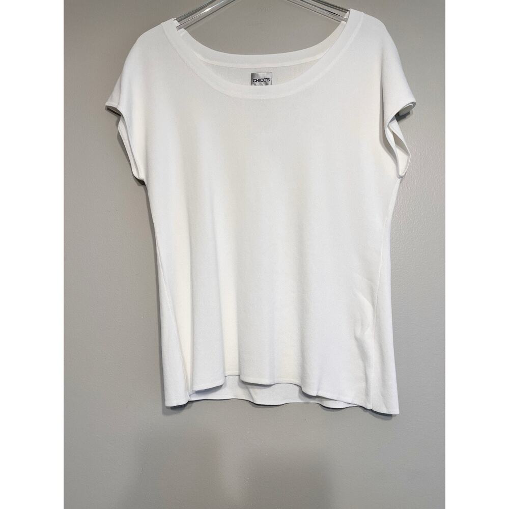 NWT Chicos White Short Sleeve Shirt Viscose Nylon Blend Basic Minimalist Size 3